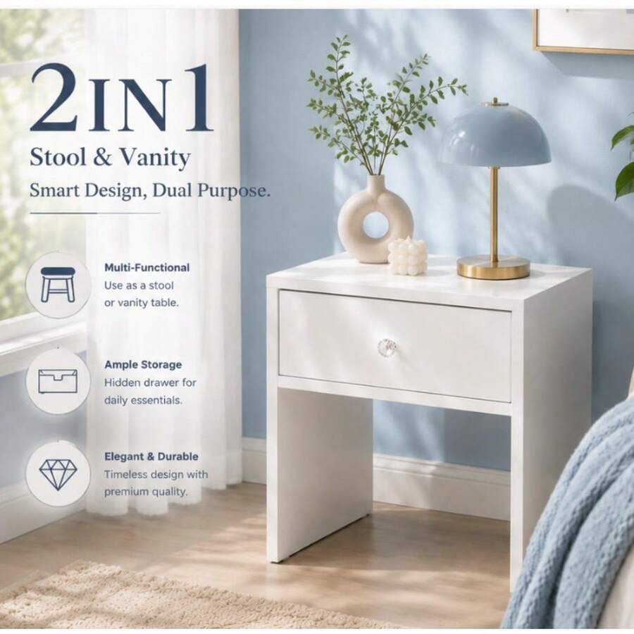 Furniture Hardware Kit - 2-in-1収納スツール＆ナイトスタンド、クリスタルノブ付き隠し引き出しオーガナイザー、多目的寝室家具、省スペースシート