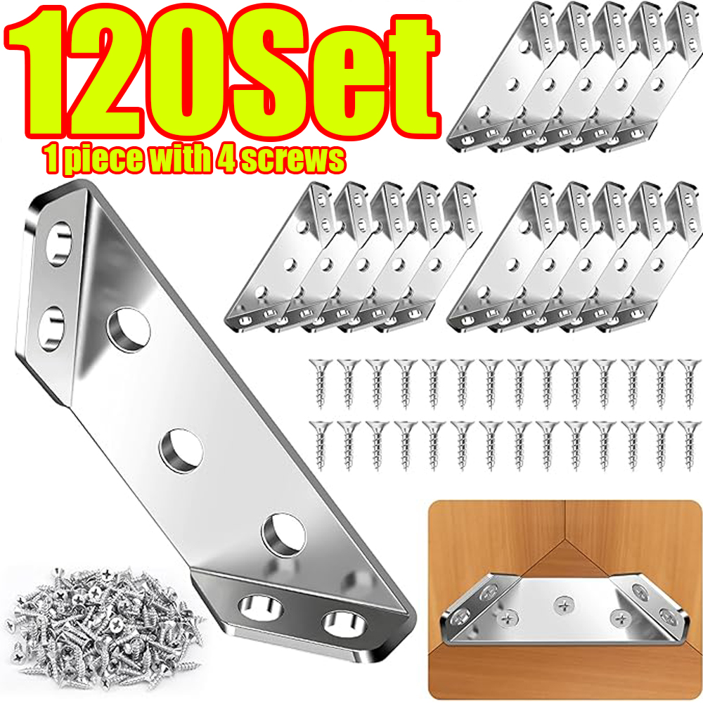 Furniture Hardware Fixing Screws - 1-120セット家具コーナーコネクターステンレス鋼アングルコード、キャビネットアングルシェルフサポート固定ブレースキット（ネジ付き）