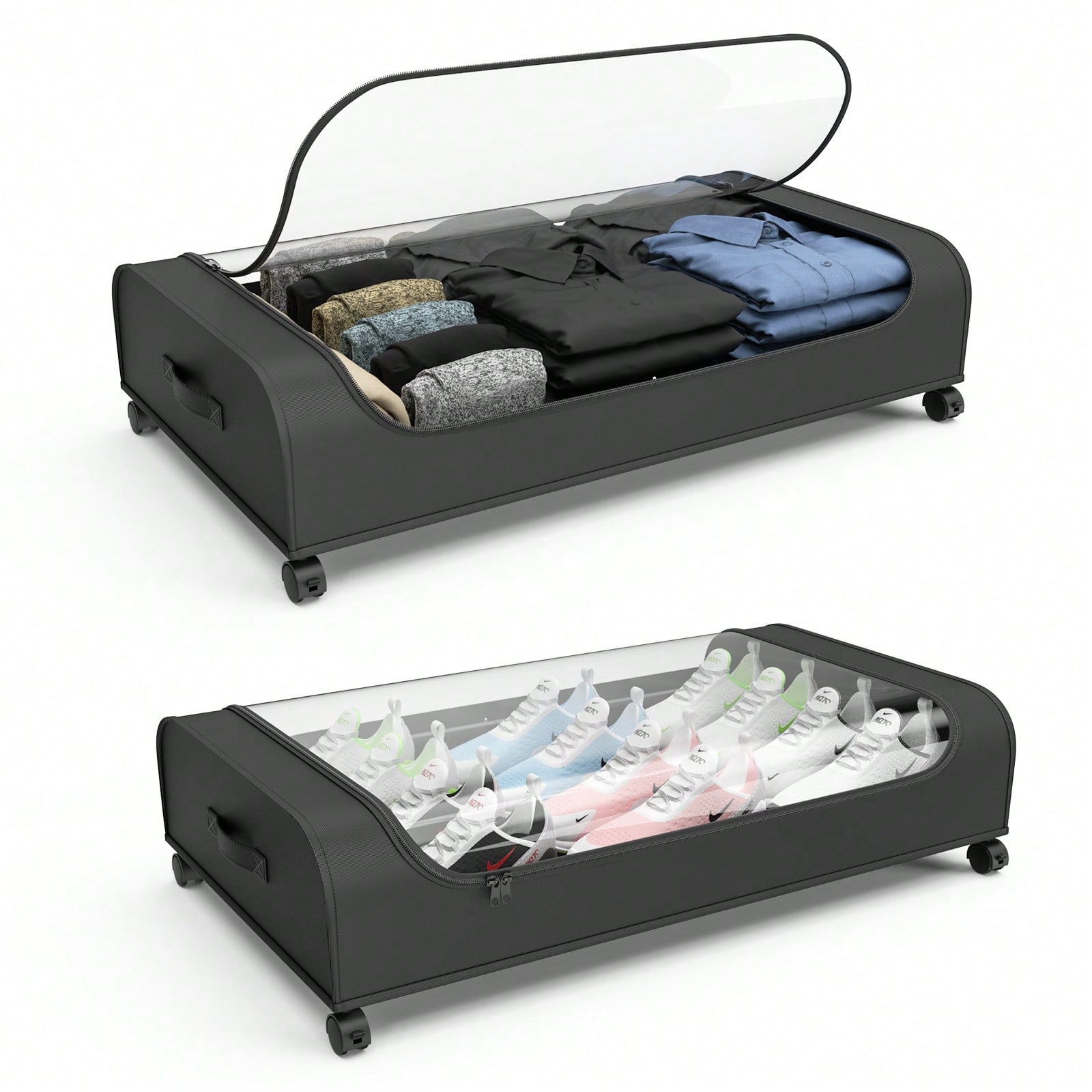 Furniture Hardware For Bed - ベッド下収納オーガナイザー（ホイール付き、透明トップ、折りたたみ式メタルフレーム、取っ手付き収納ボックス）衣類、靴、毛布、寝室のクローゼット、寮、家の整理整頓に必須