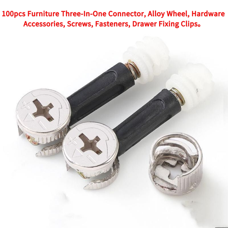 Furniture Hardware Fixing Screws - 100個入り家具用3-in-1コネクター、合金ホイール、ハードウェアアクセサリー、ネジ、ファスナー、引き出し固定クリップ。