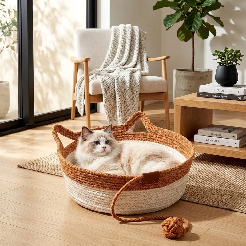 35/40/46cm手編み綿ロープ猫用バスケットベッド、猫耳 - Furniture Hardware For Bed のレビューと価格